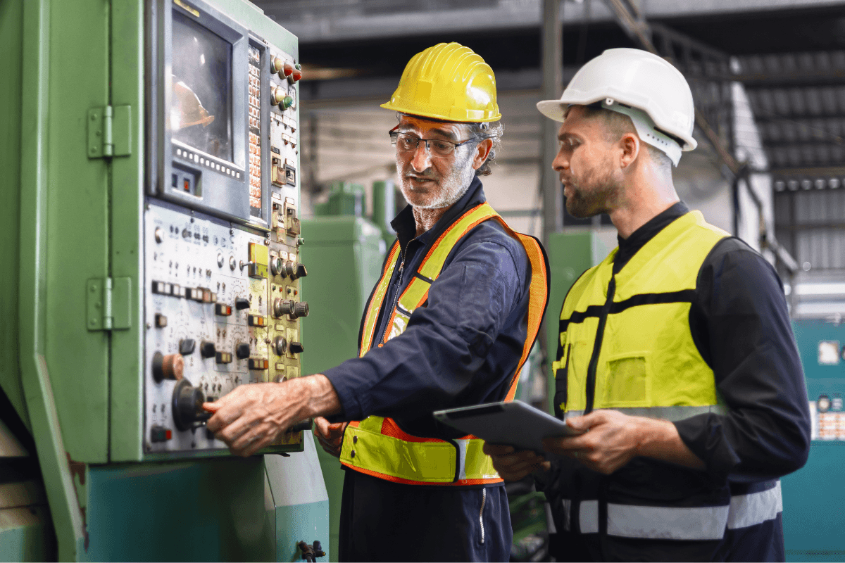 Equipment Inspection Two male workers in safety vests and helmets inspecting a piece of equipment. One is adjusting a knob while the other observes, holding a tablet.